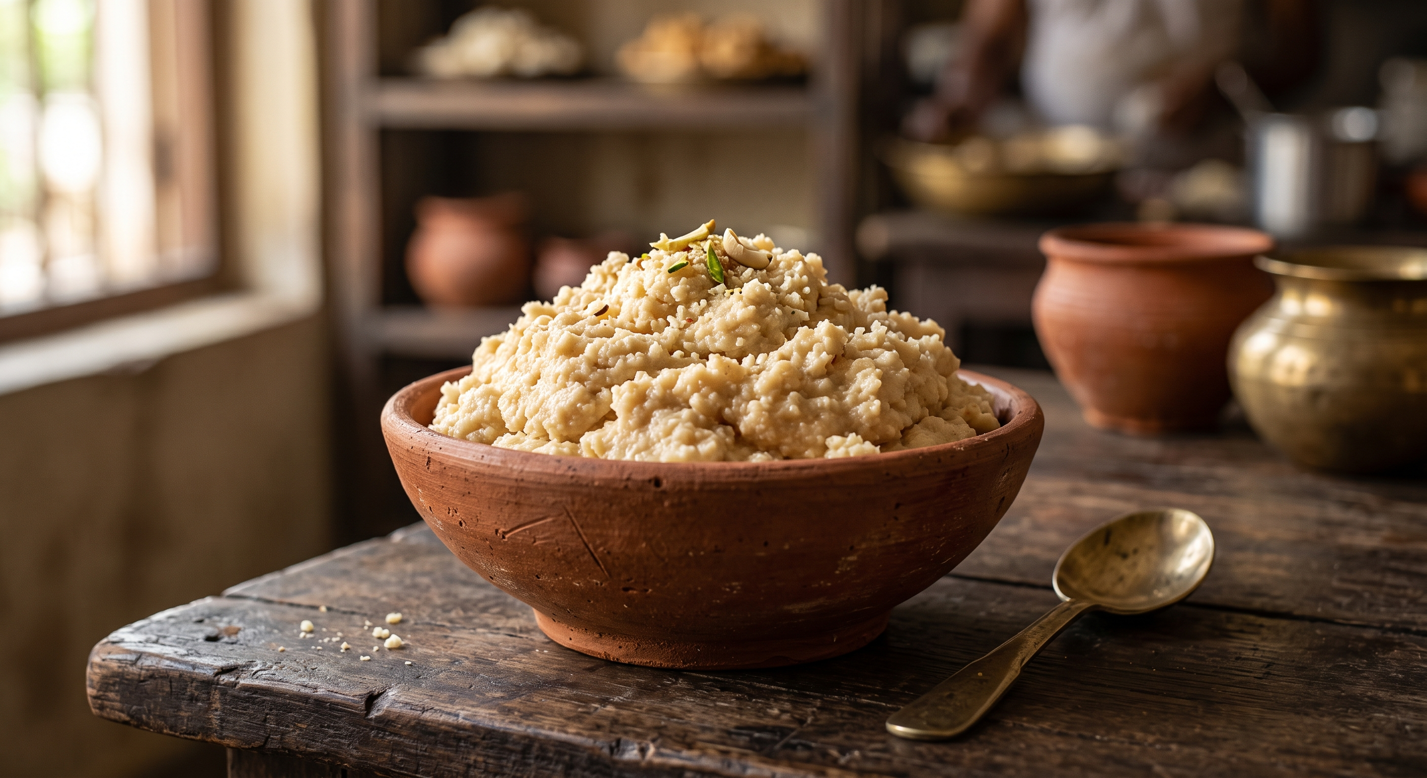 Traditional soft and crumbly Makha Sandesh sweet garnished with pistachios in an earthen bowl