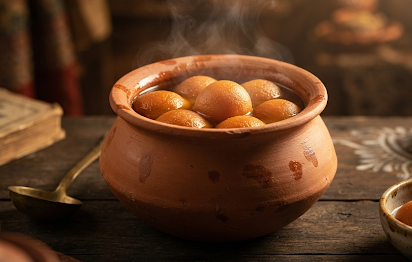 Spongy Bengali Rasogollas soaked in warm date palm jaggery (Nolen Gur) syrup inside a clay handi