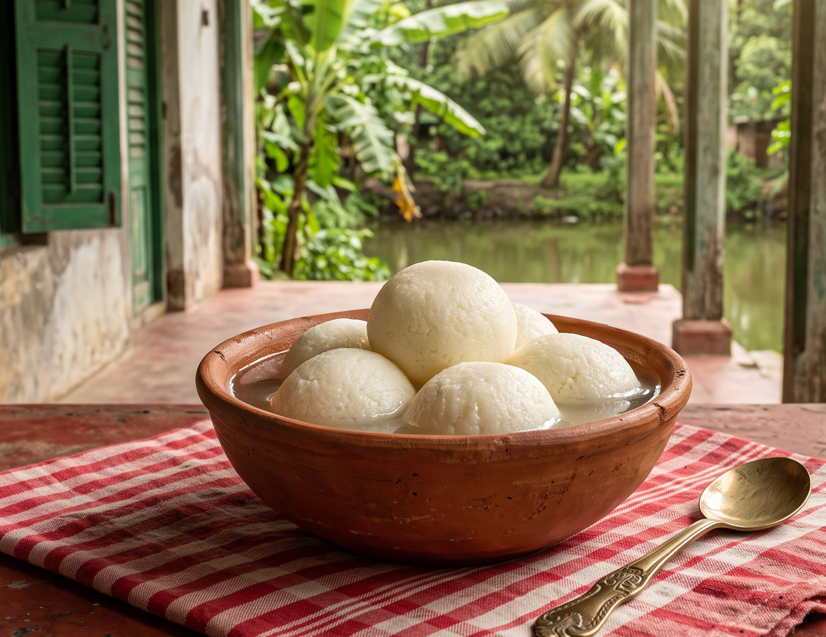 Spongy white Bengali Rasogollas soaked in light sugar syrup and served in a traditional bowl